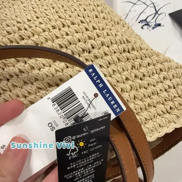 NWT Lauren RALPH LAUREN Crochet-Straw Medium Whitney Tote Natural/Lauren Tan - Picture 3 of 9